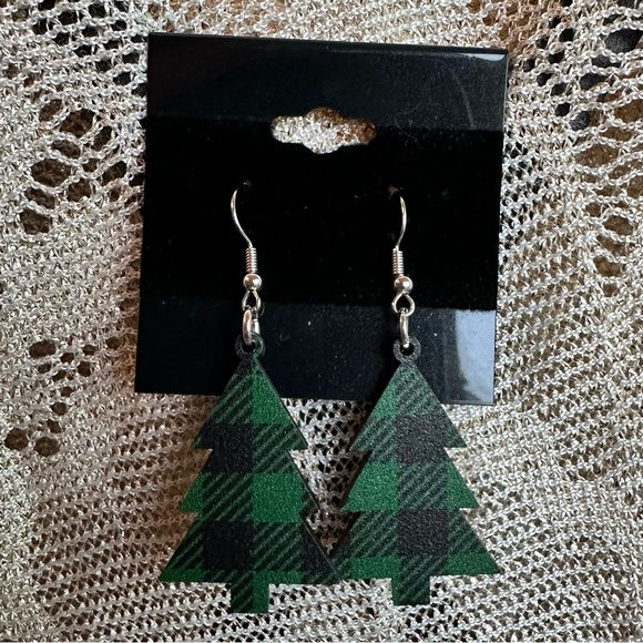 Outdoorsy earrings Wood 🌲 Tree Fir Evergreen Spruce Coniferous Christmas plaid - Picture 9 of 9